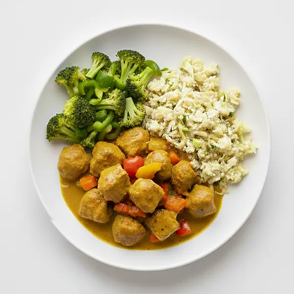 Jamaican Curried Beef with Shreeded Cabbage and Streamed Broccoli
